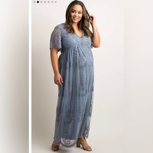 PinkBlush Blue Lace Mesh Overlay Plus Maternity Maxi Dress
